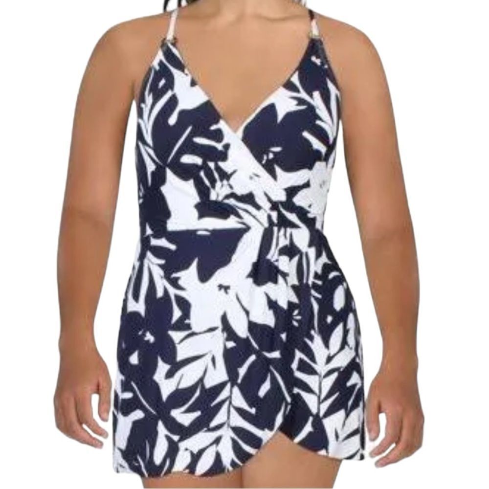 Anne Cole Swim Dress with Skirted Bottom Navy Blue with White Print